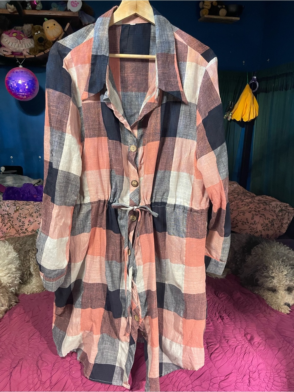 Source Unknown Pink Navy White Plaid Midi Shirt Dress